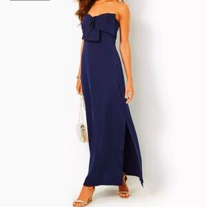 Deep Navy Blue Pleated Strapless Gown for Cocktail